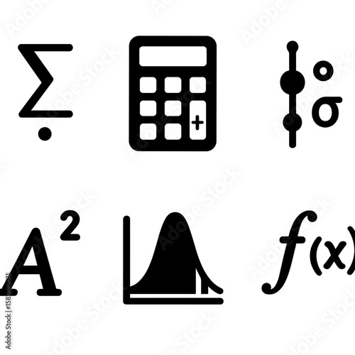 Statistics Icons. Solid style icons of statistics functions: mean icon, median calculator, mode symbol, standard deviation,