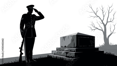 Silhouette of soldier saluting at military grave with rifle in hand, symbolizing remembrance and honor
