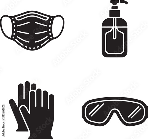 Black icons of medical protection equipment medical mask