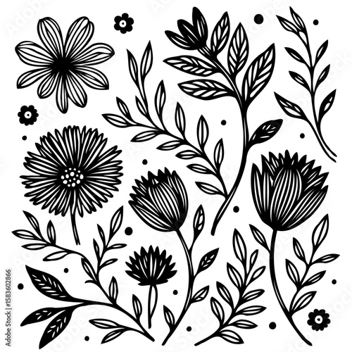 Elegant monochrome botanical elements compilation featuring decorative flowers and leaves