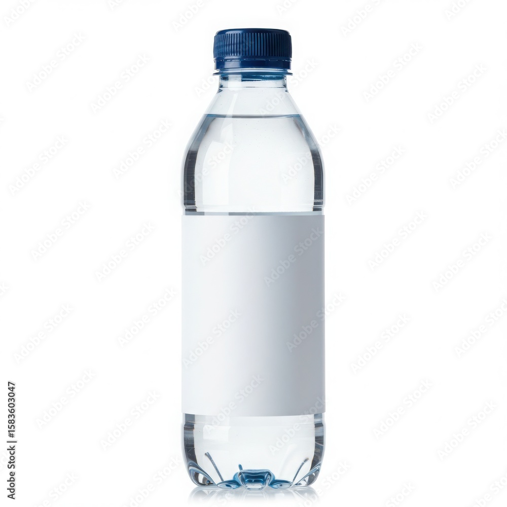 Fototapeta premium Clear plastic water bottle with blue cap and blank label isolated on white background