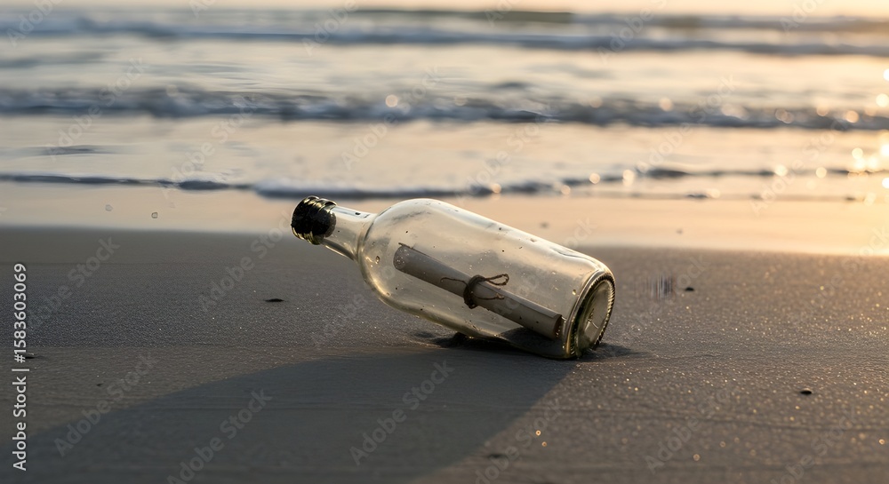 Obraz premium Glass bottle with a message washed ashore, resting on wet sand, early morning light, concept of mystery, hope, and discovery.