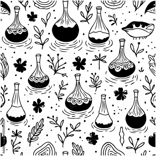 Botanical elixir pattern: hand-drawn flasks and floral accents on a white backdrop