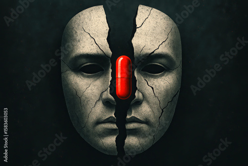 Dark surreal concept art of a cracked stone mask split in half, with a glowing red pill at the center, symbolizing awakening.