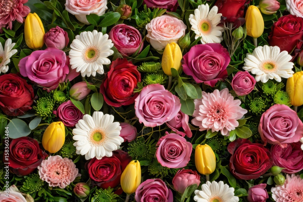 Fototapeta premium A Vibrant Arrangement of Colorful Flowers Featuring Roses, Tulips, Daisies, and Gerberas Perfect for Celebrations and Floral Displays
