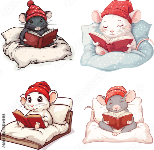 Cute rat character reading book on bed wearing redsleeping cap relaxing indoors vector style on white background