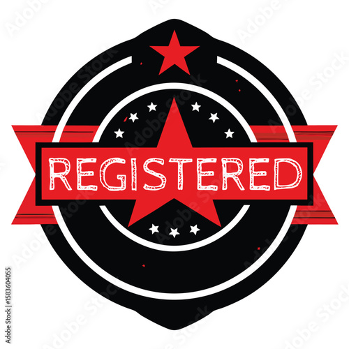 Black and red registered badge seal with star shapes and white text on a white background