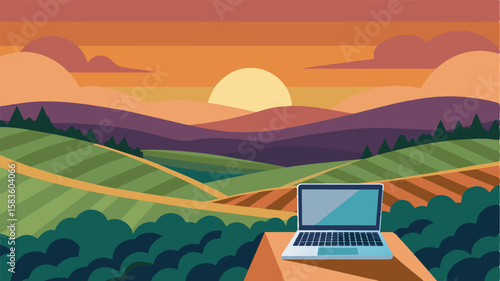 As the sun sets behind the rolling hills a laptop shines forth working diligently on the peaceful vineyard terrace.. Vector illustration