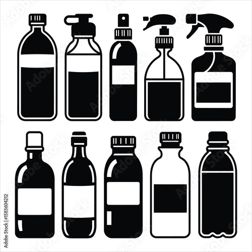 Assorted black liquid containers with various caps and spray nozzles bottles spray bottles