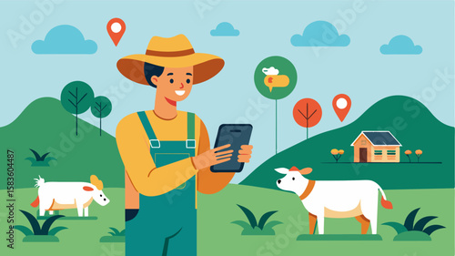 An illustration of a farmer tracking the location and movements of their livestock through a GPSenabled remote farm management app.. Vector illustration