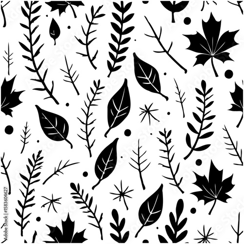 Black and white seamless pattern with leaves and branches autumnal vector