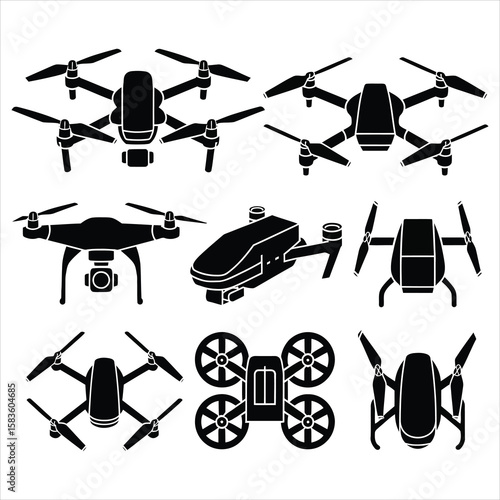 Black drone silhouettes with propellers and cameras quadcopter aerial vehicle