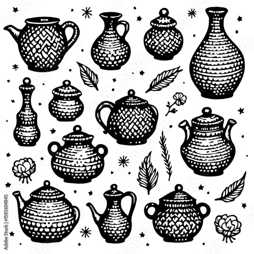 Collection of Decorative Teapots and Vases in Black and White Vector Illustration