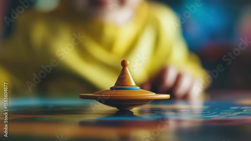 Spinning top toy game in motion on colorful surface with child play capturing joyful playful moments and focused childhood fun