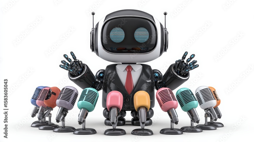 Naklejka premium A robot in a business suit stands behind multiple colorful microphones, ready to address an audience or deliver a speech.