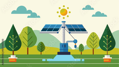 An automated irrigation system powered by solar panels minimizing water waste and maintaining crop health.. Vector illustration