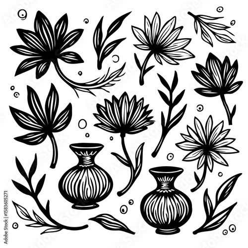 Elegant black and white floral vector design with vases, leaves and blooming flowers