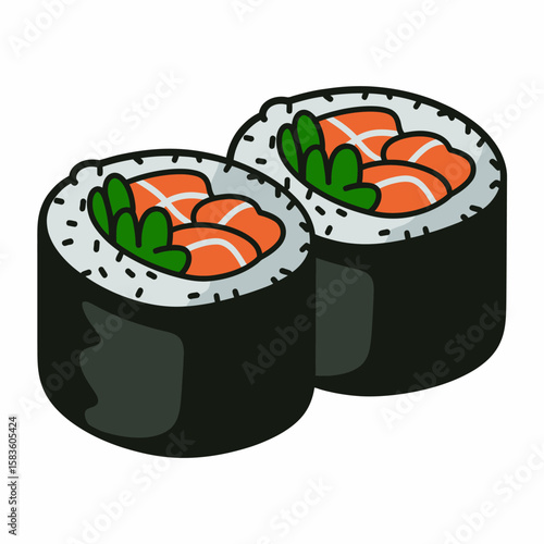 Two delicious salmon sushi rolls with green filling, A close-up, stylized illustration of two maki sushi rolls featuring vibrant salmon and fresh green ingredients, presented on a white background.