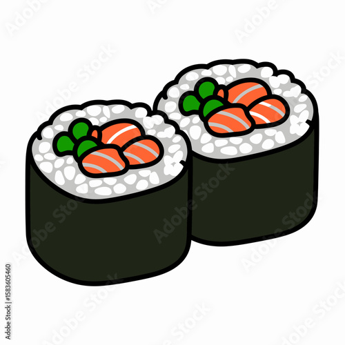 Two delicious salmon sushi rolls with green garnish, A simple, stylized illustration of two maki sushi rolls filled with rice, nori, salmon, and a green vegetable garnish.