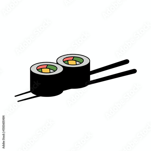 Two delicious sushi rolls held together by chopsticks, clean illustration of two sushi rolls, each with colorful ingredients visible, resting on a pair of black chopsticks against a white background
