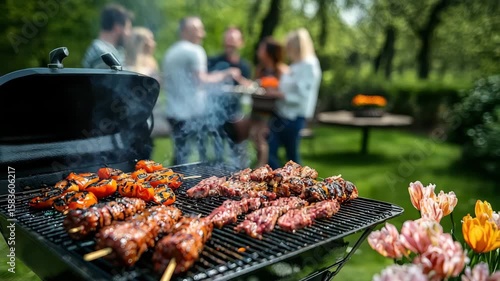 Grilled meat and vegetable barbecue on outdoor grill with group socializing in garden during sunny summer party event