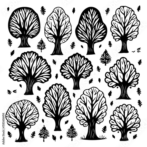 Diverse silhouettes of trees in a forest with black and white vector style
