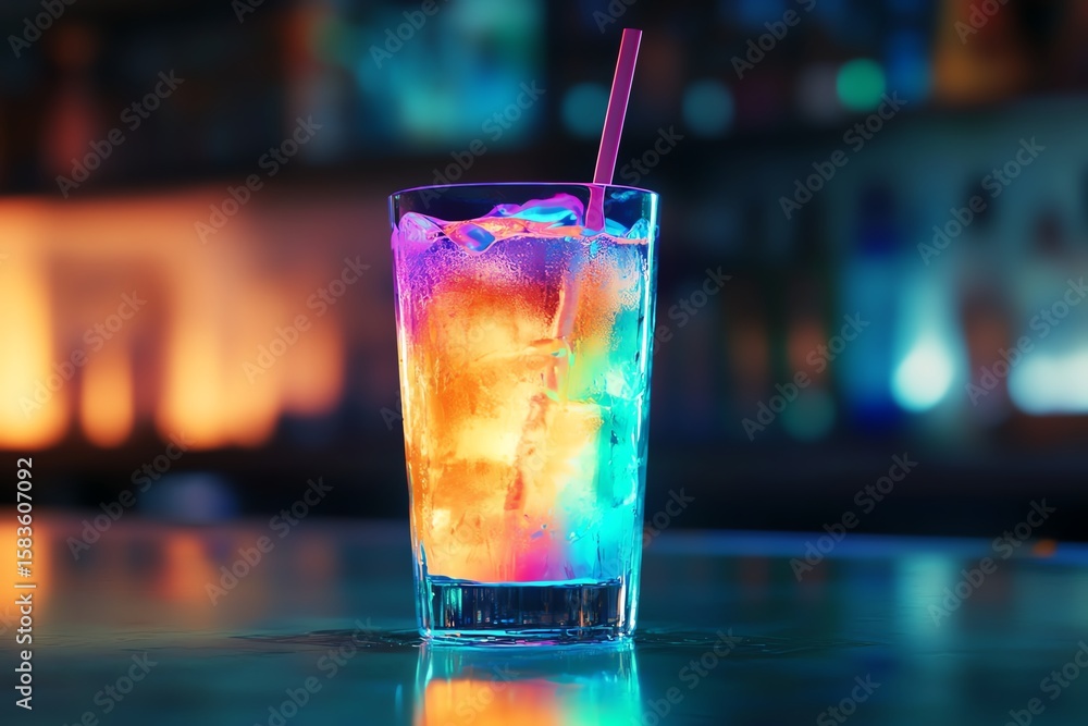 Colorful cocktail with ice and straw glowing under vibrant neon lights in a bar setting. Colorful cocktail with ice and straw glowing under vibrant neon lights in a bar setting.