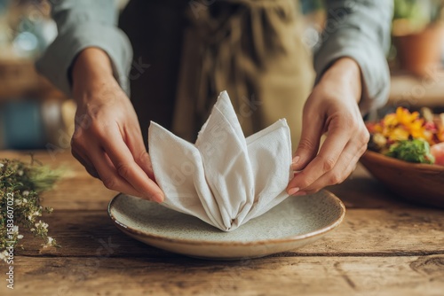 Person skillfully folding a napkin into a decorative shape on a rustic wooden table