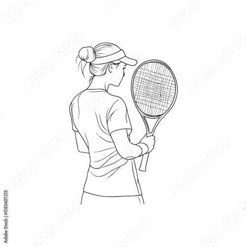 Female Caucasian tennis player in visor holding racket, minimalistic black line doodle style, sports character design for fitness blog, tournament poster or summer games banner on transparent