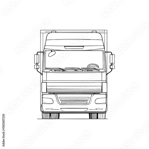 Heavy cargo truck front view in black doodle outline, freight transport vehicle illustration for delivery service branding, fleet management icons, or logistics brochures on transparent background