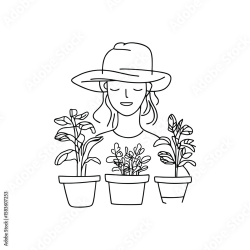 Smiling young Latina female urban gardener with hat and potted plants in minimalist black line doodle vector style on transparent background for eco blogs and sustainable living websites