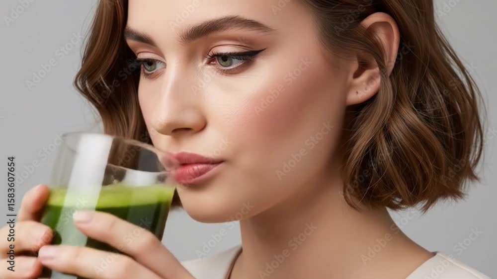 Young Woman with Short Brown Hair Drinking Green Juice from a Glass on a Gray Background Young Woman with Short Brown Hair Drinking Green Juice from a Glass on a Gray Background