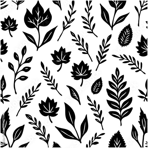 Elegant botanical pattern with diverse leaves and branches on white backdrop