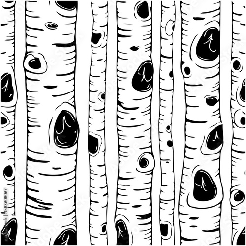 Seamless monochrome pattern with birch tree trunks for textile and background