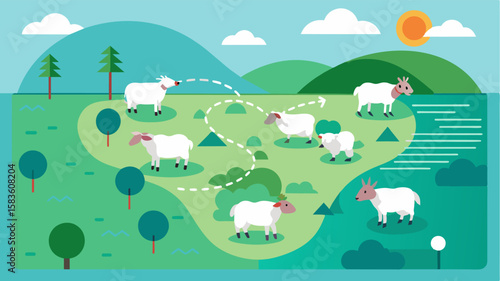 Analysis of the movement patterns of sheep and goats within a grazing area helps optimize the rotation of pastures and prevents overgrazing.. Vector illustration