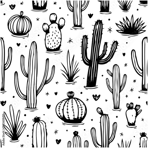 Monochrome desert botanical pattern with stylized cacti and succulents plants