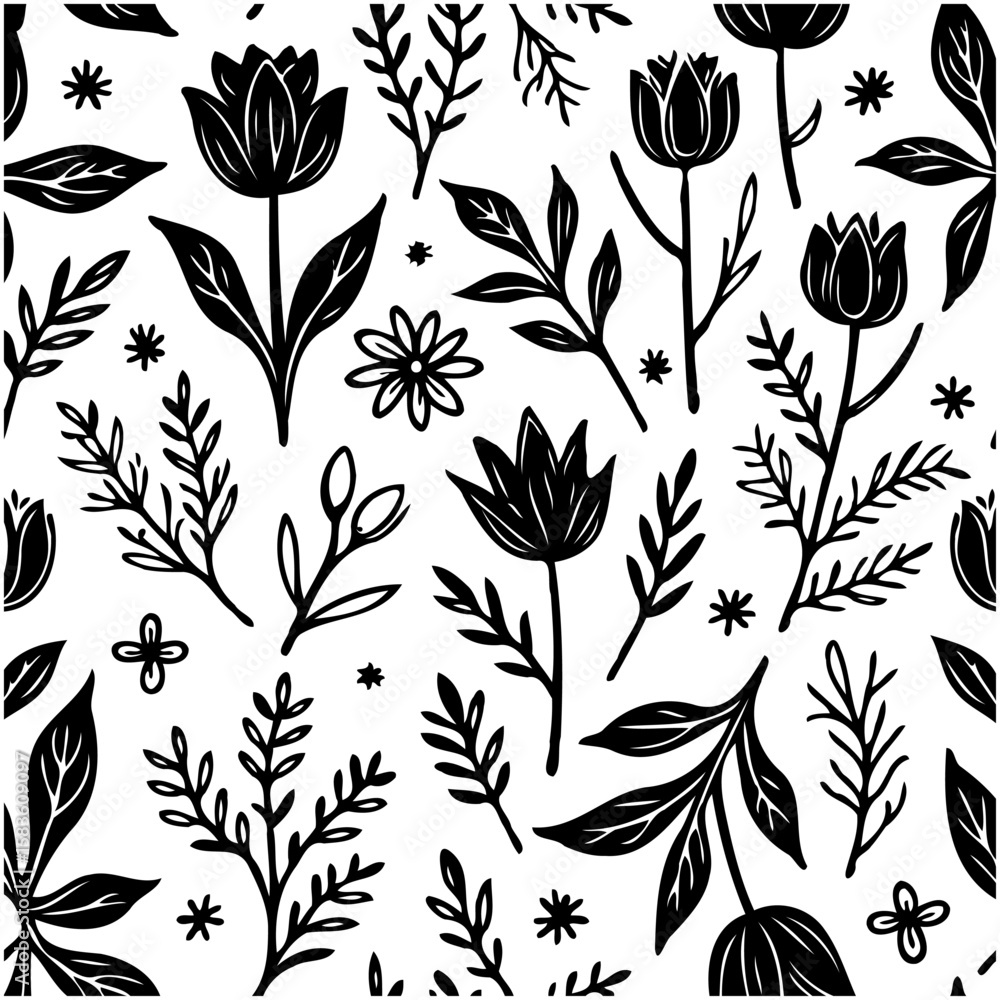 Fototapeta premium Elegant floral seamless pattern with blooming tulips, leaves, and botanical elements