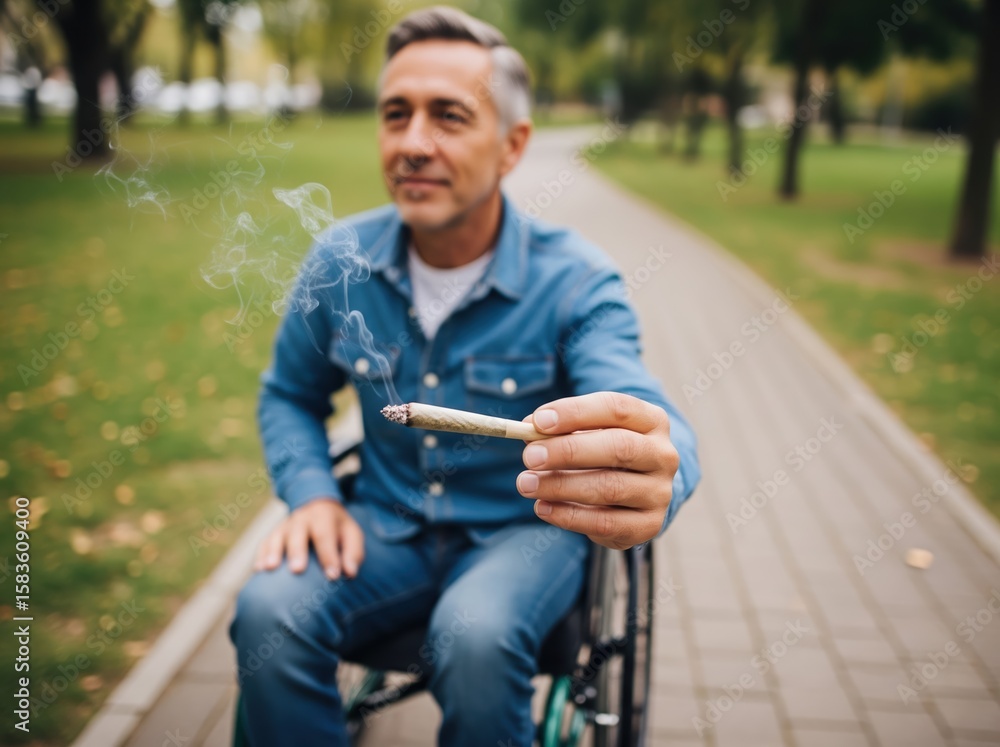 Obraz premium Person in wheelchair uses rolled joint for pain relief, demonstrating controlled medicinal use of cannabis for wellness