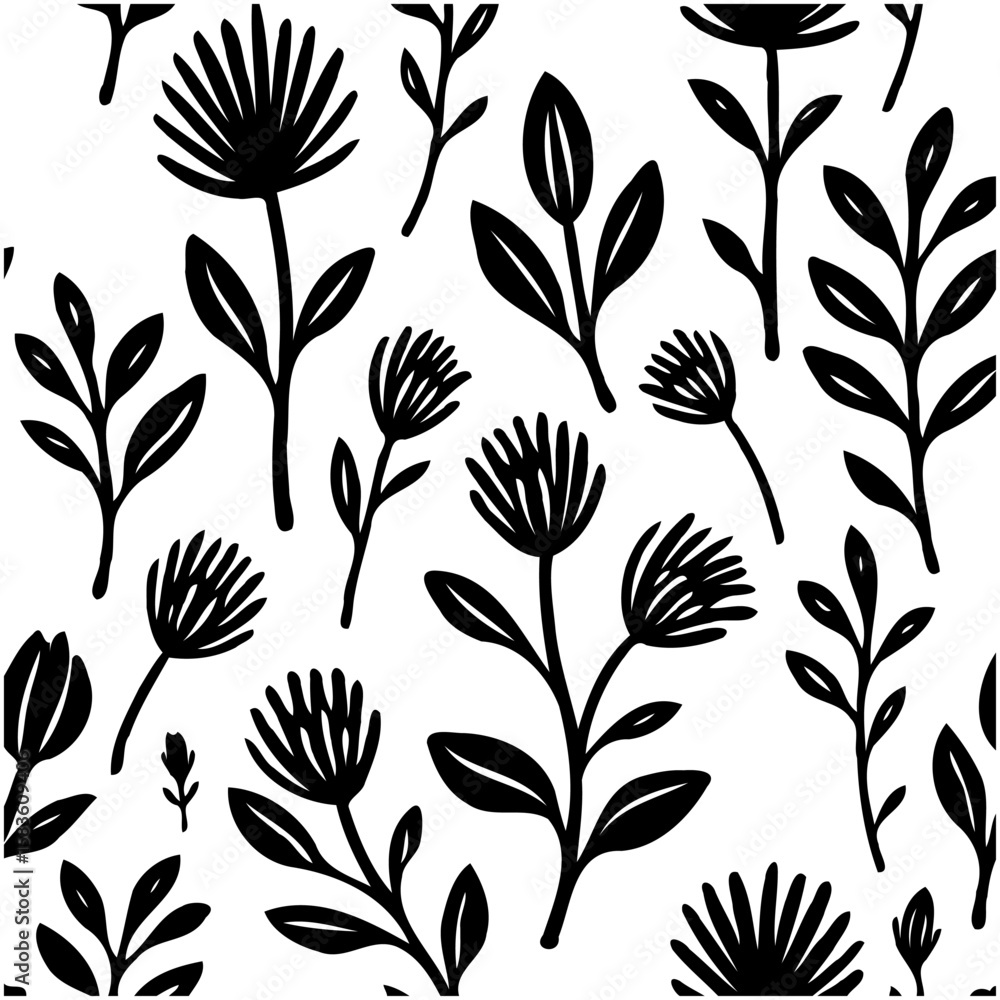 Fototapeta premium Elegant Black and White Floral Pattern: A Timeless Design for Creative Projects