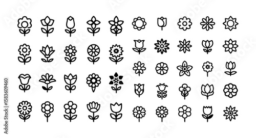 Flower Line Icon Set – Thin Linear Vector Pictograms of Rose, Tulip, Daisy, Orchid, Sunflower, Peony, Gladiolus, Snapdragon, Stock, and Delphinium