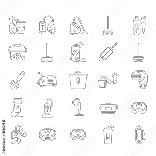 Set of line art icons depicting various cleaning appliances and tools vacuum cleaner broom
