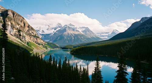 Majestic snow-capped mountains reflect in the tranquil blue waters of a pristine alpine lake surrounded by evergreen