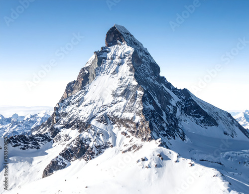 Majestic snow-capped mountain peak stands tall against a clear blue sky on a bright winter day.