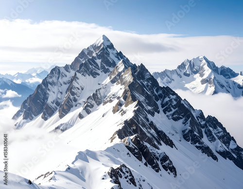 Majestic snow-capped peaks rise dramatically above a sea of clouds under a clear blue sky