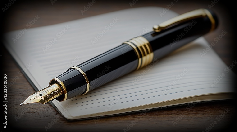 Elegant black fountain pen on lined notepad Elegant black fountain pen on lined notepad