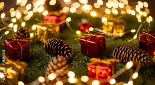 Sparkling holiday display with elegant red gift boxes, rustic pinecones, and warm festive lights.