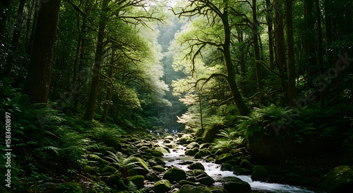 Sunlight filters through ancient trees illuminating a mossy riverbed in a vibrant forest.