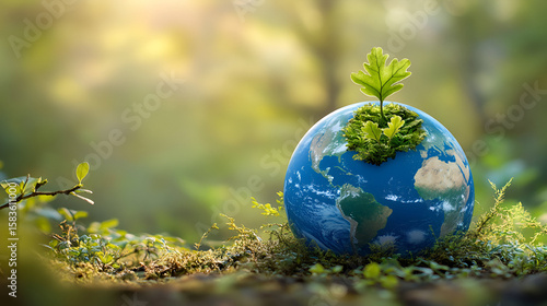 Vibrant green foliage flourishes from a small planet Earth, symbolizing environmental hope and renewal.