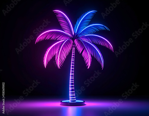 Vibrant neon palm tree glows with electric pink and blue light in a dark, futuristic setting