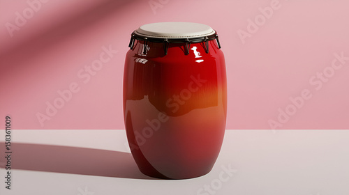 Vibrant red percussion instrument with a light drumhead stands against a soft pink background.